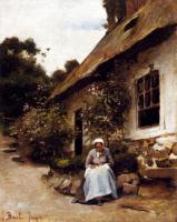 Claude Joseph Bail - Woman Sewing In Front Of Her Cottage